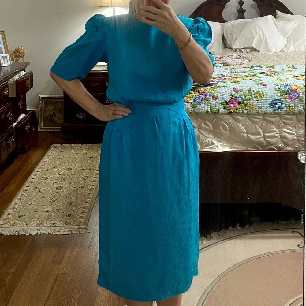 Vintage 80s Argenti turquoise blue silk dress - Picture 9 of 9
